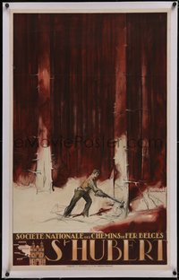 7a0382 ST. HUBERT linen 25x40 Belgian travel poster 1951 Massonet man chopping tree art, ultra rare!