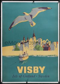 7a0383 VISBY linen 28x39 Swedish travel poster 1956 Erik Olmebo art of seagull over city, ultra rare!