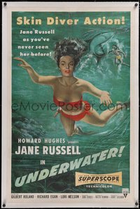 7a0840 UNDERWATER linen 1sh 1955 Howard Hughes, art of sexiest skin diver Jane Russell by shark!