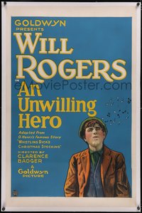 7a0842 UNWILLING HERO linen 1sh 1921 art of Will Rogers as O. Henry's Whistling Dick, ultra rare!