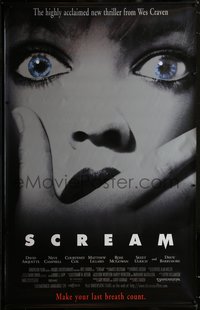 7a0136 SCREAM vinyl banner 1996 directed by Wes Craven, someone has taken scary movies too far!