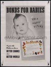 7a0427 BONDS FOR BABIES linen 20x28 WWII war poster 1944 Mickey Mouse & Disney cartoons, ultra rare!