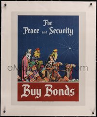 7a0431 FOR PEACE & SECURITY linen 22x28 WWII war poster 1940s Ball art of Three Wise Men, ultra rare!