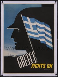 7a0432 GREECE FIGHTS ON linen 24x32 WWII war poster 1942 Kauffer art of soldier & flag, ultra rare!