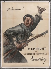 7a0236 ON LES AURA linen 32x45 French WWI war poster 1916 Jules Abel Faivre art of soldier with gun!