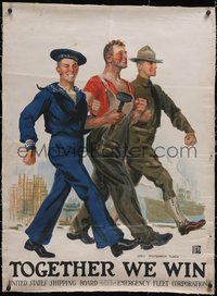 7a0437 TOGETHER WE WIN linen 29x39 WWI war poster 1917 Flagg art of worker w/ sailor & Marine, rare!