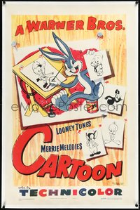 7a0851 WARNER BROS CARTOON linen 1sh 1952 Bugs Bunny drawing Daffy Duck, Porky Pig, Elmer & more!