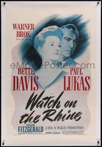 7a0852 WATCH ON THE RHINE linen 1sh 1943 Bette Davis & Lukas, by Dashiell Hammett & Lillian Hellman!