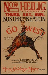 7a0128 GO WEST WC 1925 best full-color art of stoneface Buster Keaton riding bull, ultra rare!