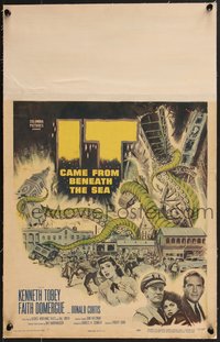 7a0131 IT CAME FROM BENEATH THE SEA linen WC 1955 Ray Harryhausen, a tidal wave of terror, cool art!