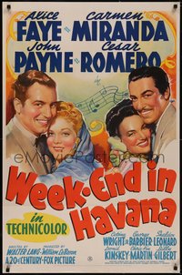 7a0189 WEEK-END IN HAVANA style B 1sh 1941 art of Alice Faye, Miranda, Payne & Romero, ultra rare!