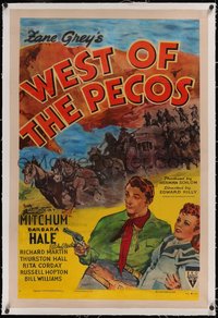 7a0855 WEST OF THE PECOS linen 1sh R1951 by Richard Martin, art of Robert Mitchum & Barbara Hale!