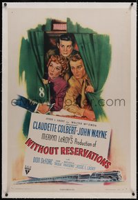 7a0863 WITHOUT RESERVATIONS linen 1sh 1946 art of John Wayne, Claudette Colbert & Don DeFore!