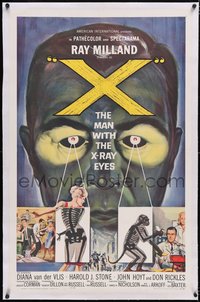 7a0866 X: THE MAN WITH THE X-RAY EYES linen 1sh 1963 Ray Milland strips souls & bodies, cool art!