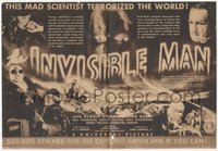 7a0079 INVISIBLE MAN herald 1933 James Whale, H.G. Wells, bandaged Claude Rains with rays, rare!