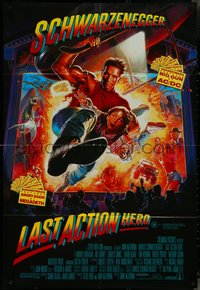 7b0272 LAST ACTION HERO Aust 1sh 1993 Morgan art of Schwarzenegger crashing through screen, rare!