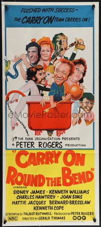 7b0223 CARRY ON ROUND THE BEND Aust daybill 1971 Sidney James, Kenneth Williams, wacky art of cast!