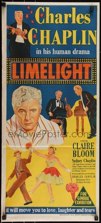 7b0228 LIMELIGHT Aust daybill 1953 artwork of aging Charlie Chaplin & pretty young Claire Bloom!