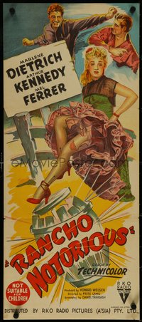 7b0234 RANCHO NOTORIOUS Aust daybill 1952 Fritz Lang, hand litho of Marlene Dietrich showing leg!