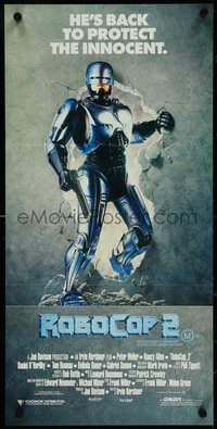 7b0236 ROBOCOP 2 Aust daybill 1990 cyborg policeman Peter Weller busts through wall, sci-fi sequel!