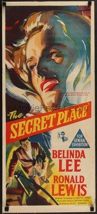 7b0241 SECRET PLACE Aust daybill 1958 different art of sexy Belinda Lee & creepy man, ultra rare!