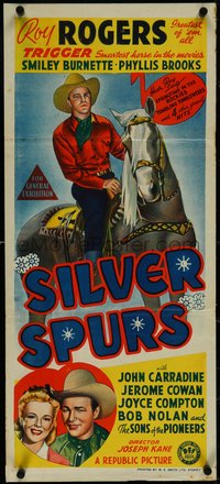 7b0242 SILVER SPURS Aust daybill 1944 art of Roy Rogers close up w/Brooks & riding Trigger!