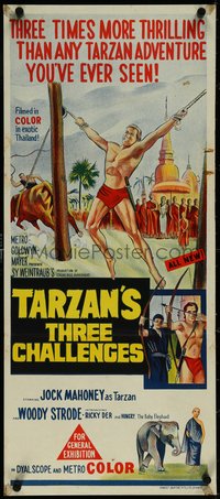 7b0249 TARZAN'S THREE CHALLENGES Aust daybill 1963 Edgar Rice Burroughs, artwork of bound Jock Mahoney!