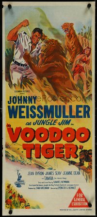 7b0258 VOODOO TIGER Aust daybill 1952 great art of Johnny Weissmuller as Jungle Jim vs big cats!