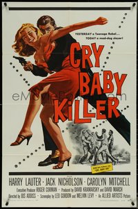 7b0383 CRY BABY KILLER 1sh 1958 first Jack Nicholson, cool art of criminal with girl and gun!