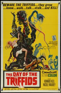 7b0390 DAY OF THE TRIFFIDS 1sh 1962 classic English sci-fi horror, cool art of monster with girl!