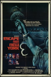 7b0421 ESCAPE FROM NEW YORK advance 1sh 1981 Carpenter, art of handcuffed Lady Liberty by Stan Watts!