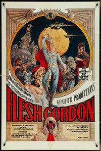 7b0437 FLESH GORDON 1sh 1974 sexy sci-fi spoof, wacky erotic super hero art by George Barr!