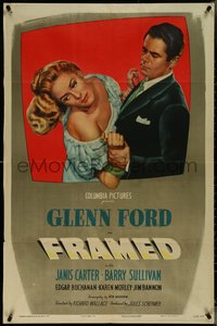 7b0445 FRAMED 1sh 1947 cool art of Glenn Ford grabbing Janis Carter out of the frame, film noir!