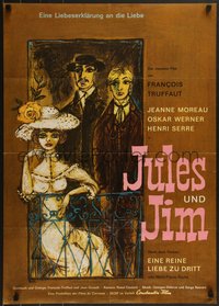 7b0184 JULES & JIM 2-sided German 1962 Francois Truffaut, Jeanne Moreau, Oskar Werner, different!