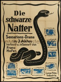 7b0168 DIE SCHWARZE NATTER German 37x50 1913 cool snake art, rival spies in circus, rare!