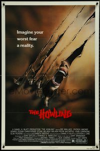 7b0501 HOWLING 1sh 1981 Joe Dante, cool art of screaming female tranforming into a werewolf!