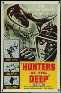 7b0502 HUNTERS OF THE DEEP 1sh 1955 cool art of shark & diver, buried secrets of the deep!