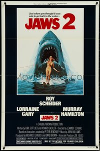 7b0513 JAWS 2 1sh 1978 great classic art of giant shark attacking girl on water skis by Lou Feck!