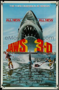 7b0515 JAWS 3-D 1sh 1983 Dennis Quaid, great Gary Meyer shark art, the third dimension is terror!