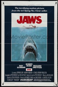 7b0512 JAWS 1sh 1975 art of Spielberg's classic man-eating shark attacking naked swimmer!