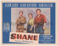 7b1009 SHANE LC #6 1953 posed studio portrait of Alan Ladd, Jean Arthur & Van Heflin with guns!