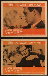 7b1287 VERTIGO 2 LCs 1958 Hitchcock, James Stewart kissing blonde Kim Novak, hugged by Bel Geddes!