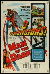 7b0547 MAN IN THE DARK 3D 1sh 1953 really cool art of men fighting on rollercoaster!