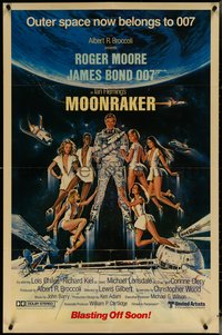 7b0559 MOONRAKER advance 1sh 1979 Goozee art of Moore as James Bond & sexy girls, blasting off soon!