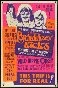 7b0609 PSYCHEDELIC SEX KICKS day-glo 1sh 1968 sex & drugs, up-tight squares join wild hippie orgies!