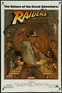 7b0613 RAIDERS OF THE LOST ARK 1sh R1982 great Richard Amsel art of adventurer Harrison Ford!