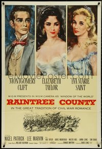 7b0614 RAINTREE COUNTY 1sh 1957 art of Montgomery Clift, Elizabeth Taylor & Eva Marie Saint!