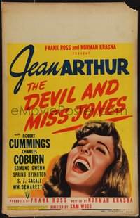 7b0022 DEVIL & MISS JONES WC 1941 great close up art of laughing sales girl Jean Arthur, very rare!