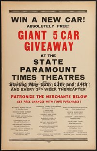 7b0023 GIANT 5 CAR GIVEAWAY WC 1930s at the State Paramount Times Theatres, ultra rare!