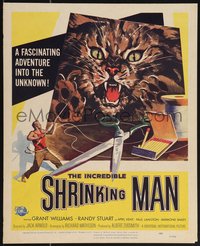 7b0027 INCREDIBLE SHRINKING MAN WC 1957 sci-fi classic, Reynold Brown art of giant cat & tiny man!